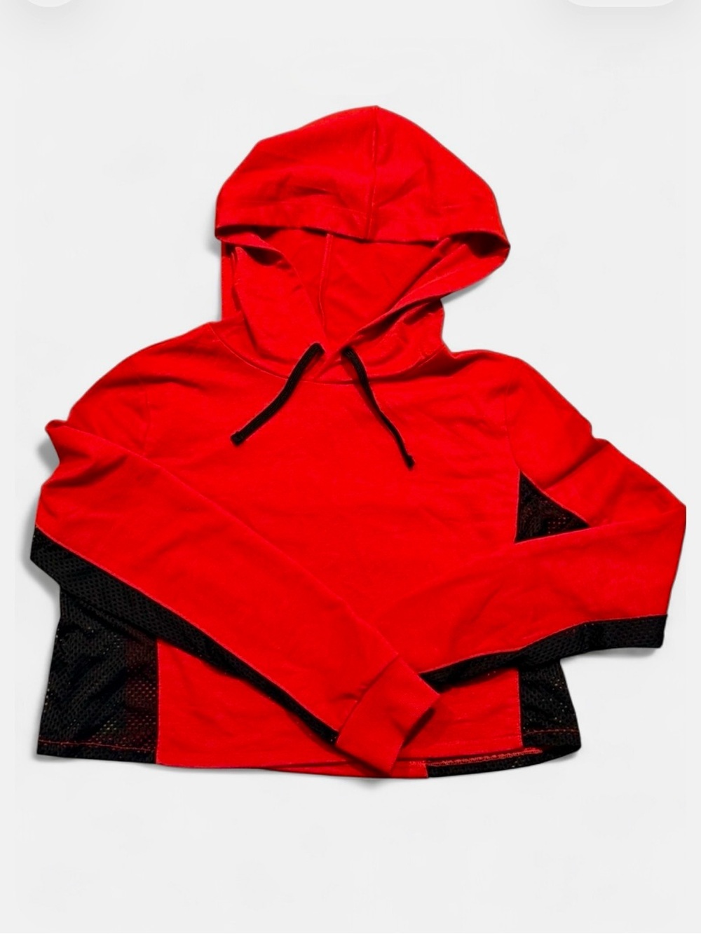 La SENZA Cropped Hooded Red With Black Mesh Panels Long Sleeve Top